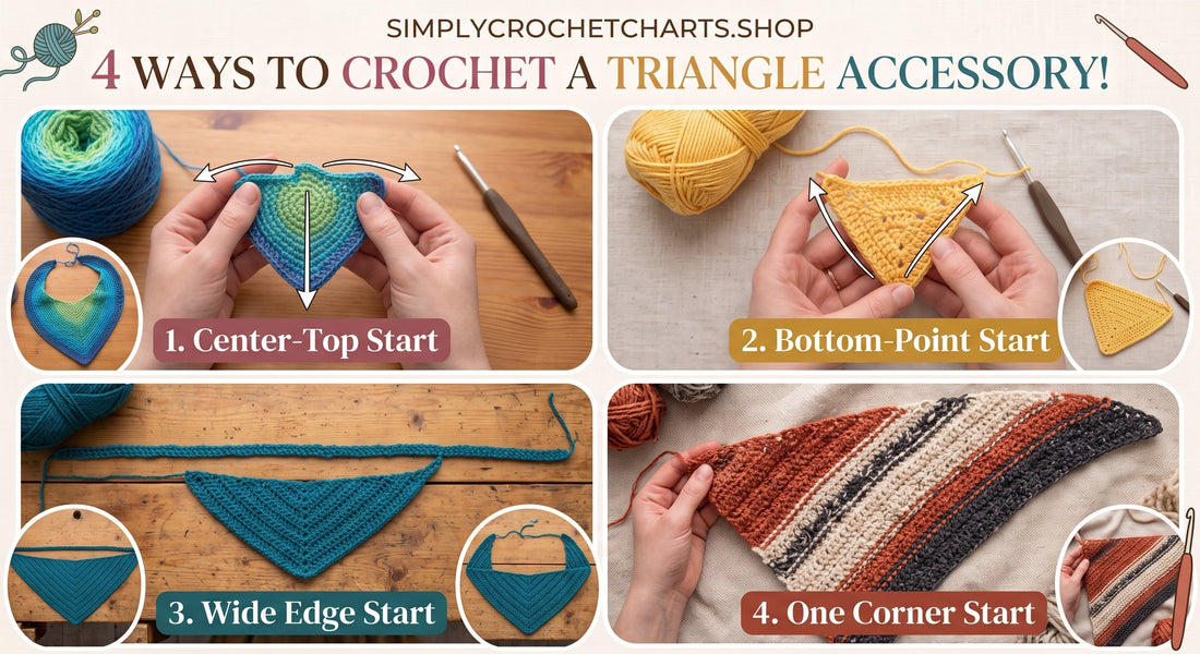 A 4-step diagram comparing center-top, bottom-point, wide-edge, and corner-start methods for crocheting triangle shawls, bandanas, and baktus.
