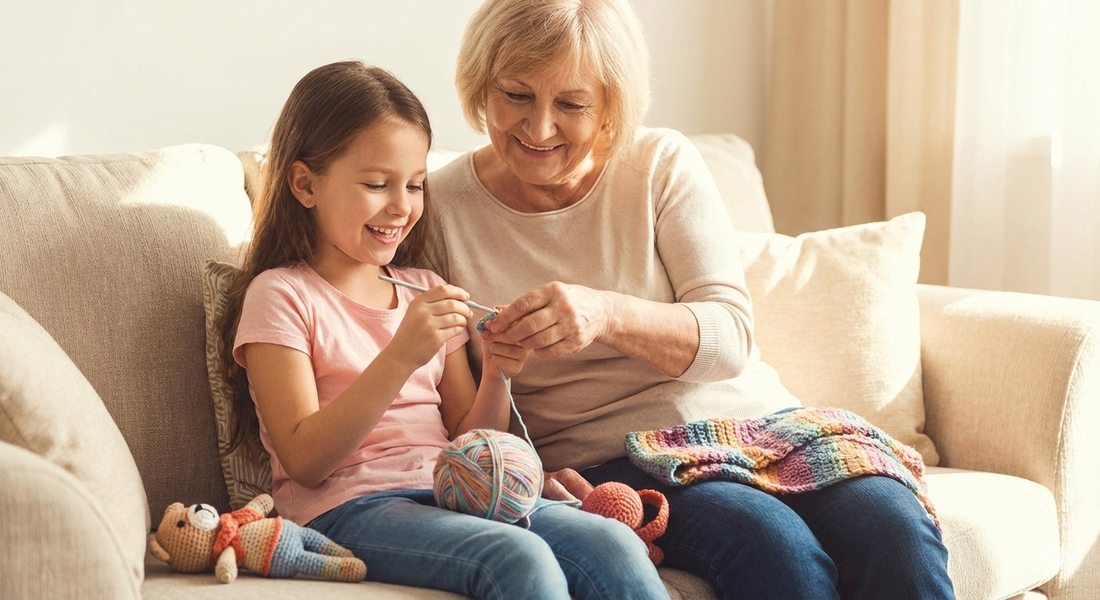 Girl learning to crochet - creative craft education with visual crochet charts