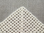 Close-up shot of intricate lace stitches and openwork mesh texture on a crochet bandana shawl.