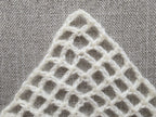 Close-up shot of intricate lace stitches and openwork mesh texture on a crochet bandana shawl.