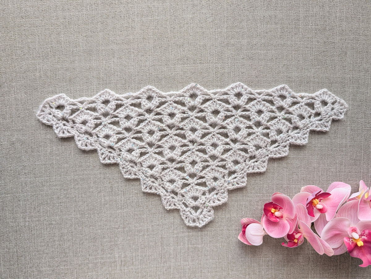 Chart 102 lace triangle crochet baktus scarf and shawl pattern PDF with decorative border.
