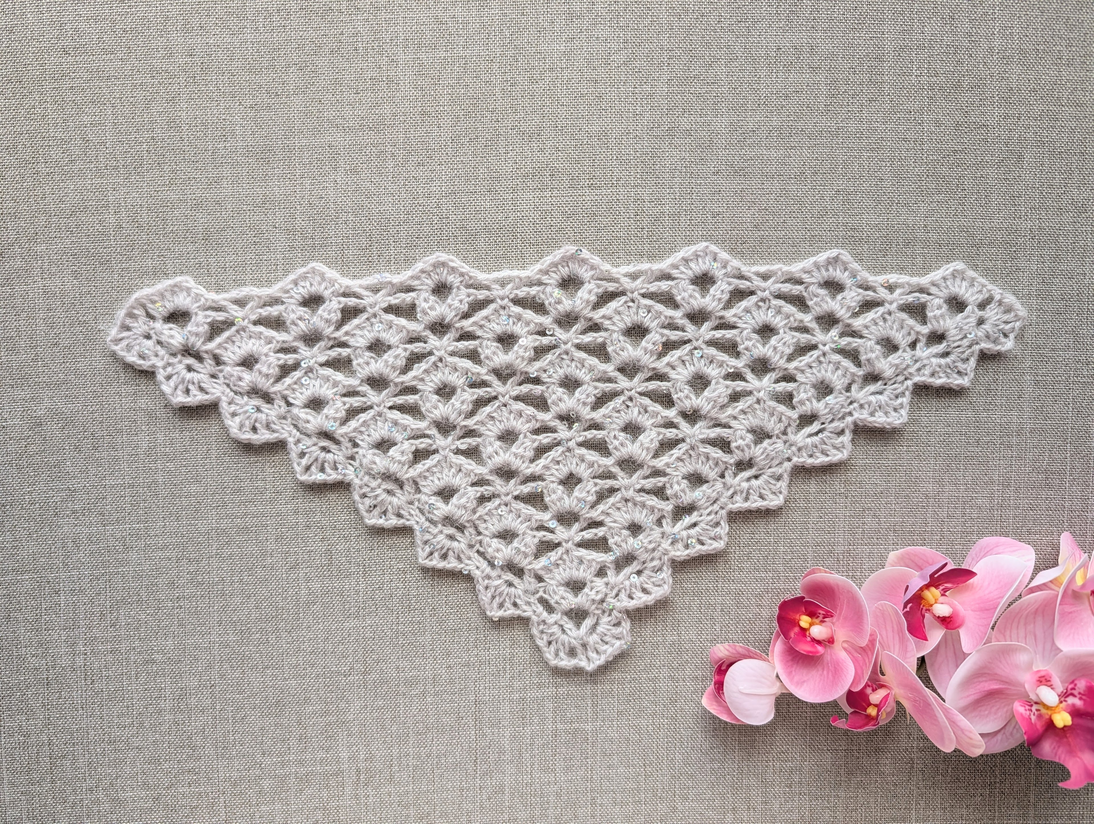 Chart 102 lace triangle crochet baktus scarf and shawl pattern PDF with decorative border.