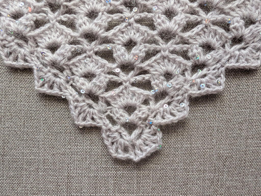 Close-up of 3-double crochet cluster stitches and lacy openwork on Chart 102 triangle shawl.