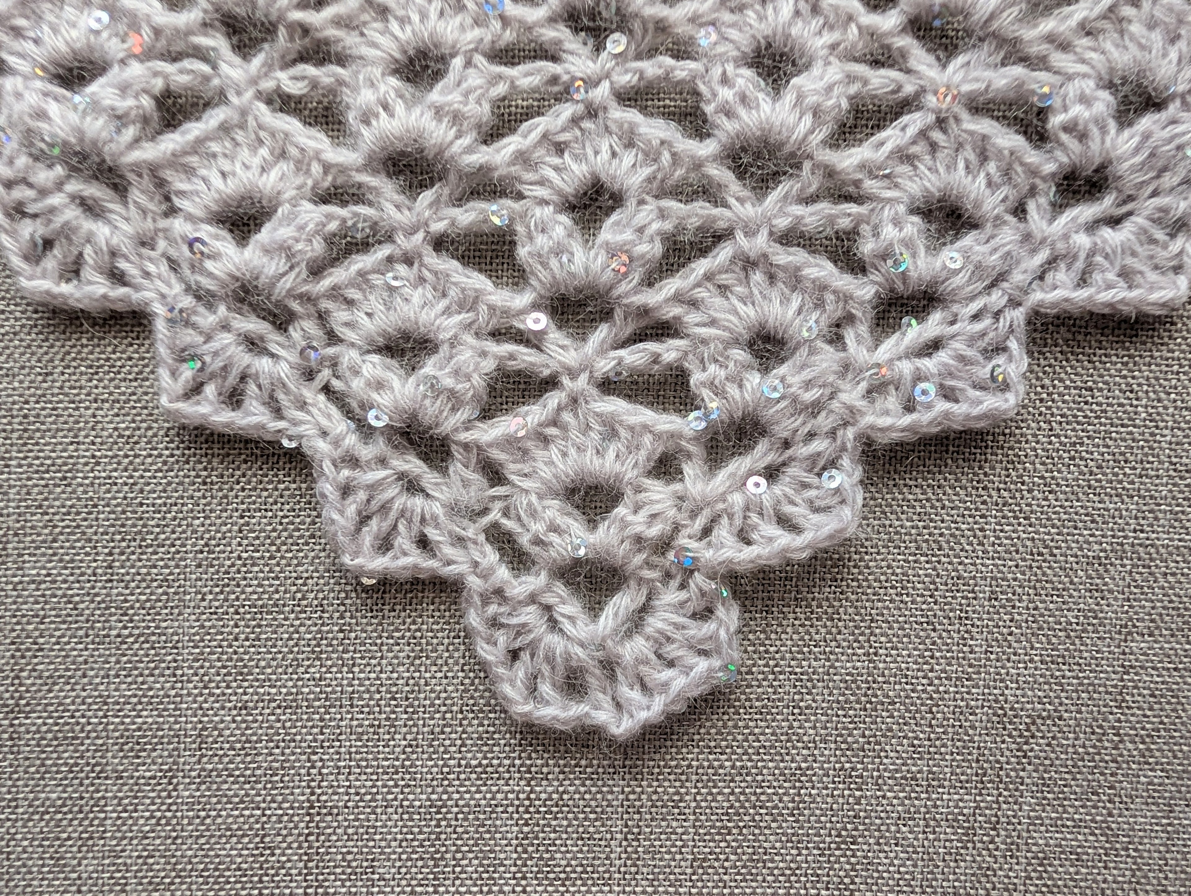 Close-up of 3-double crochet cluster stitches and lacy openwork on Chart 102 triangle shawl.