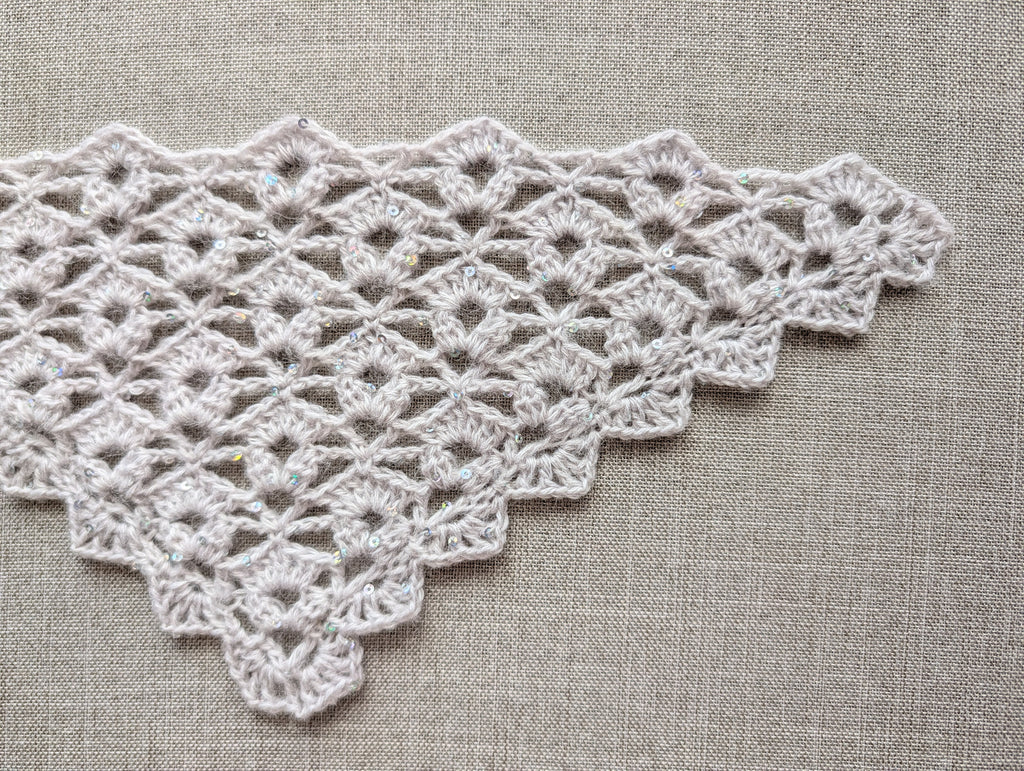 Detailed view of the custom scalloped border edging on Chart 102 crochet triangle shawl pattern.