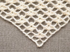 Close-up shot of intricate lace stitches and openwork mesh texture on a crochet bandana shawl.