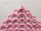 Close-up shot of complex lace stitches and detailed openwork mesh texture on an advanced crochet bandana shawl.