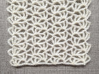 Close-up shot of intricate lace stitches and openwork mesh texture on a crochet scarf.