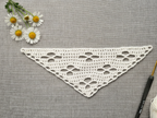 Beginner-friendly triangle crochet bandana shawl with delicate openwork lace pattern, Chart 22.