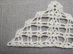 Close-up shot of intricate lace stitches and openwork mesh texture on a crochet bandana shawl.