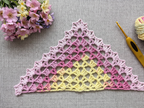 Beginner-friendly triangle crochet bandana shawl with delicate openwork lace pattern, Chart 34.