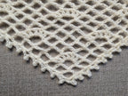Close-up shot of intricate lace stitches and openwork mesh texture on a crochet bandana shawl.