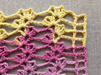 Close-up shot of intricate lace stitches and openwork mesh texture on a crochet scarf.