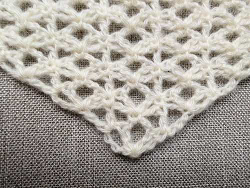 Close-up shot of intricate lace stitches and openwork mesh texture on a triangle baktus crochet shawl.
