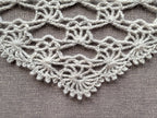 Close-up shot of intricate lace stitches and openwork mesh texture on a crochet bandana shawl.