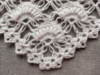Close-up shot of intricate lace stitches and openwork mesh texture on a triangle crochet shawl.