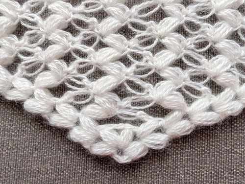 Close-up shot of intricate lace stitches and openwork mesh texture on a triangle baktus crochet shawl.