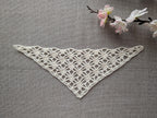 Detailed view of finished edge and lace stitch pattern on a triangle crochet shawl, Chart 66.
