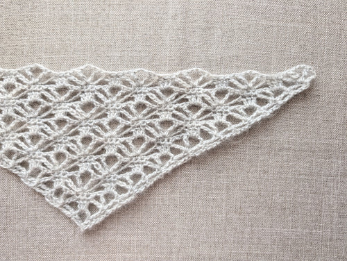 Close-up shot of intricate lace stitches and openwork mesh texture on a triangle crochet shawl.