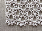 Close-up shot of intricate lace stitches and openwork mesh texture on a crochet scarf.