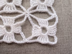 Close-up shot of continuous motif lace stitches and intricate texture on a crochet shawl.