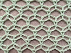 Close-up shot of intricate lace stitches and openwork mesh texture on a crochet scarf.