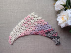 Half-circle curved crochet baktus scarf with delicate lace pattern and custom border, Chart 83.