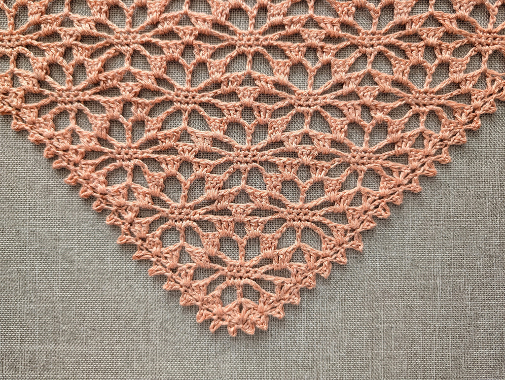 Close-up shot of bottom corner point and border motif on handmade crochet bandana Chart 96.