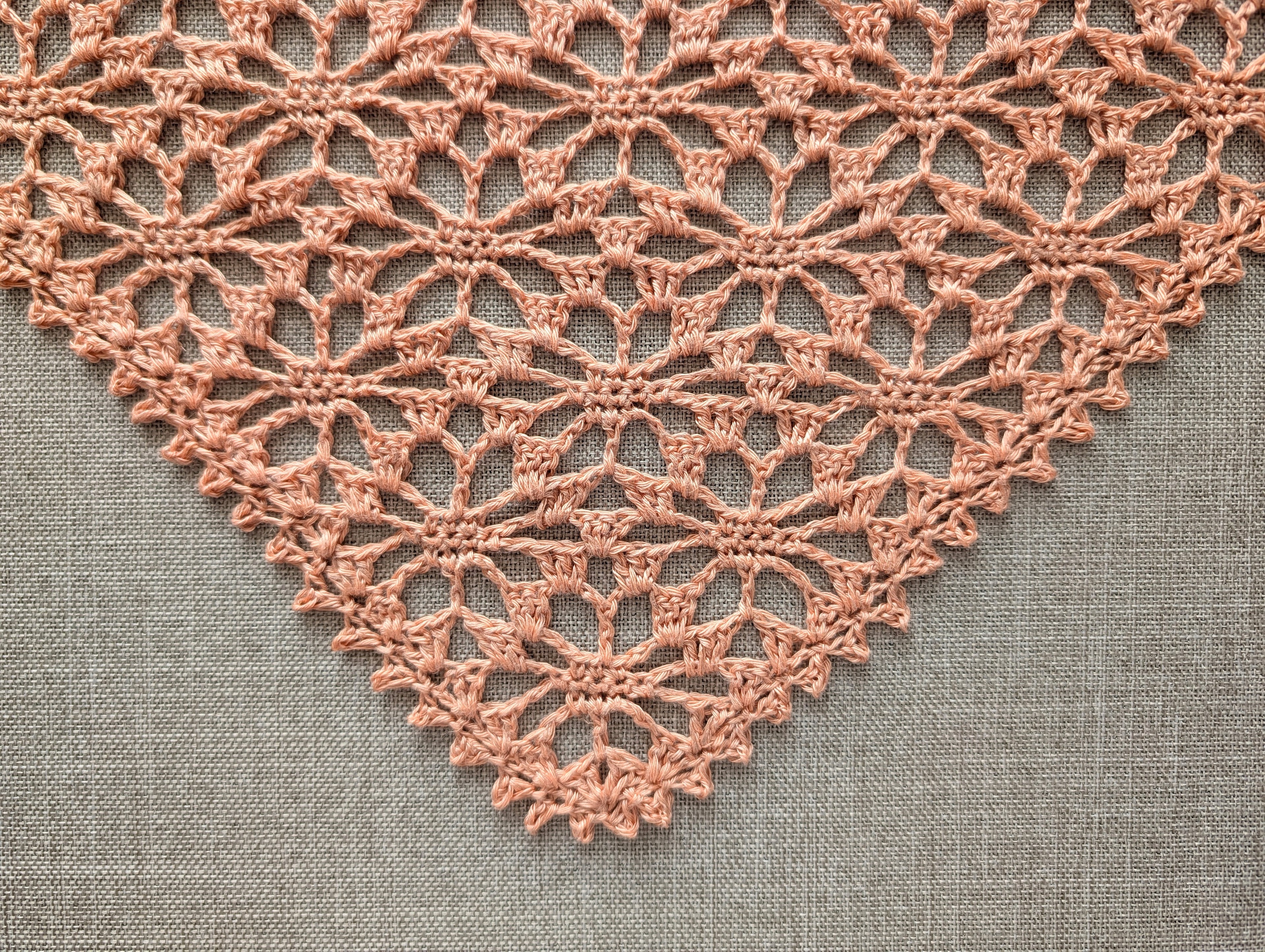 Close-up shot of bottom corner point and border motif on handmade crochet bandana Chart 96.