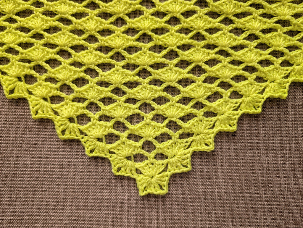 Close-up of intricate lace crochet stitches and geometric openwork mesh texture on Chart 97