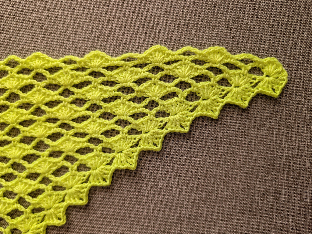 Detailed view of decorative border edging on a handmade lace triangle baktus.