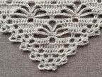 Close-up shot of intricate lace stitches and openwork mesh texture on a triangle crochet shawl.