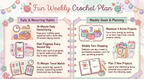 Illustrated weekly crochet plan with daily and recurring habits, weekly goals, and yarn shopping tips.