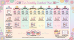 Weekly crochet plan with colorful illustrations and text on a pink background