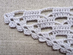 Close-up shot of intricate lace stitches and openwork mesh texture on a crochet bandana shawl.