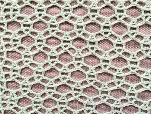 Close-up shot of intricate lace stitches and openwork mesh texture on a crochet scarf.