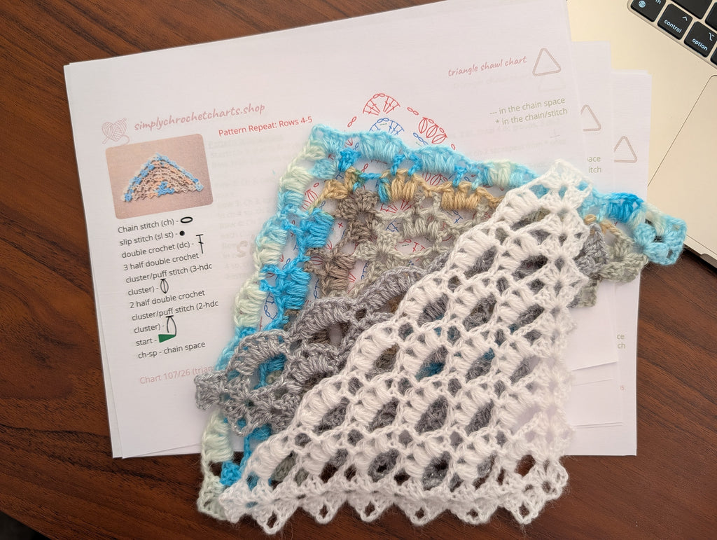 A handmade crocheted lace shawl pattern Chart-107, with puff stitches.
