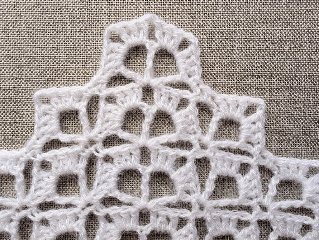 Chart 108 intermediate lace triangle crochet shawl visual pattern diagram showing 2-row repeat shell and treble V-stitch construction.