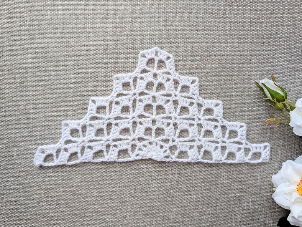 Chart 108 crochet symbol diagram and stitch key for shell and V-stitch lace triangle shawl, kerchief, and baktus PDF pattern.