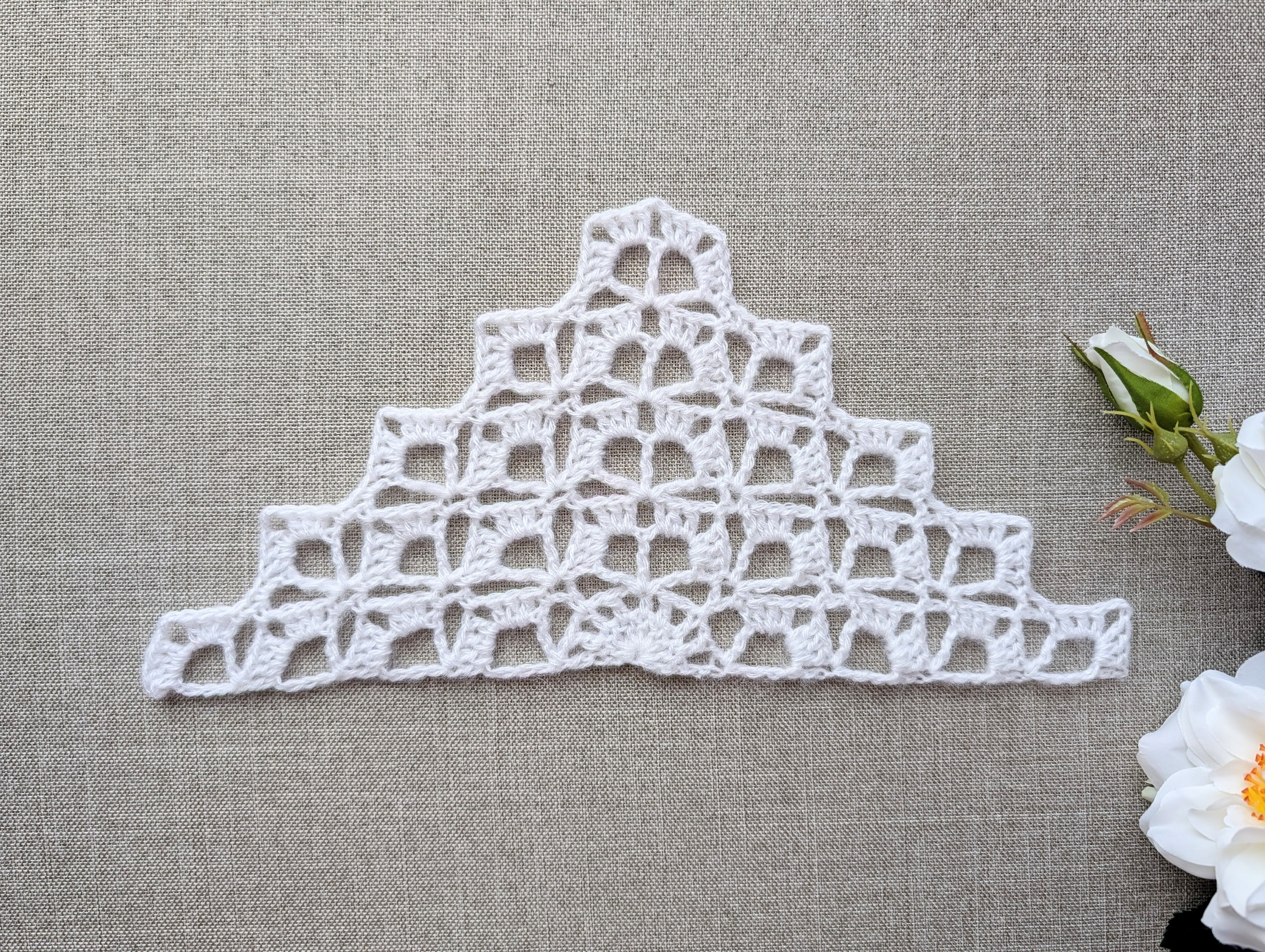 Chart 108 crochet symbol diagram and stitch key for shell and V-stitch lace triangle shawl, kerchief, and baktus PDF pattern.