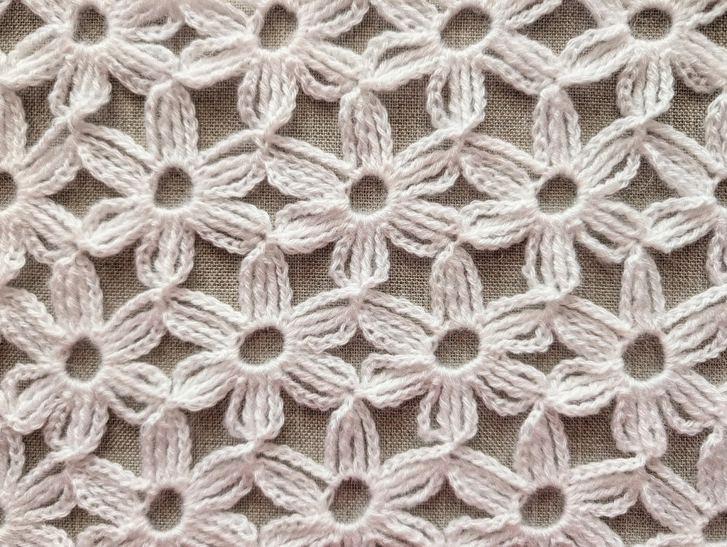 Chart 100 continuous technique seamless motif crochet rectangle wrap laid flat showing motif layout.