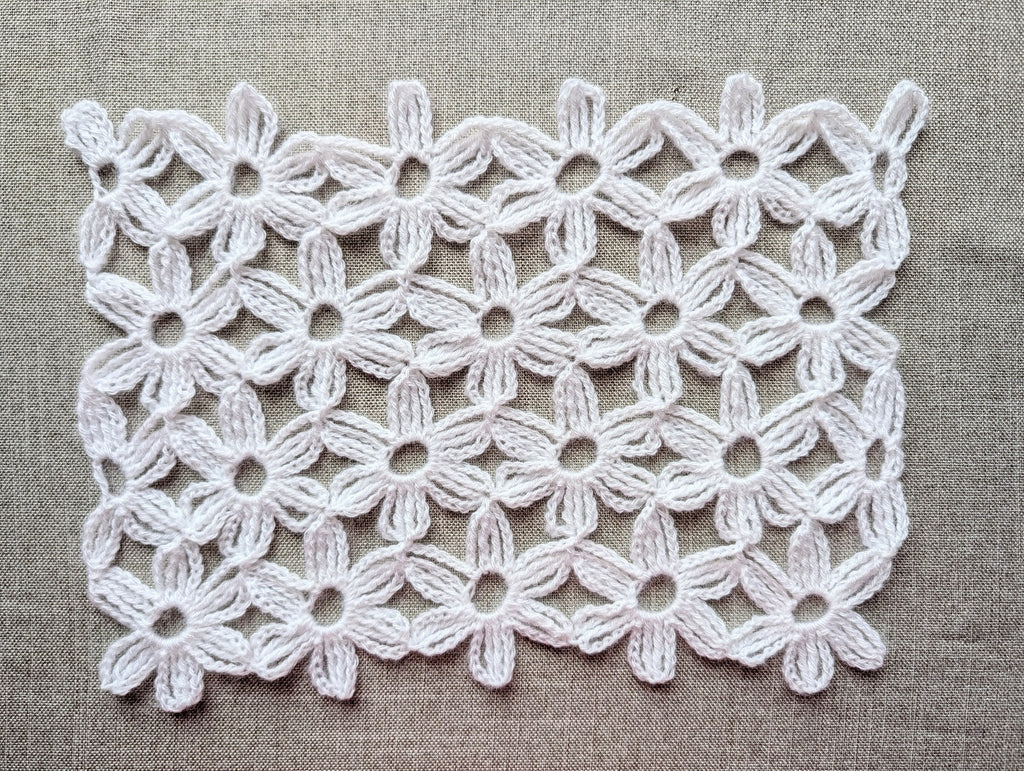 Close-up of Chart 100 seamless motif texture showing continuous join-as-you-go crochet technique.