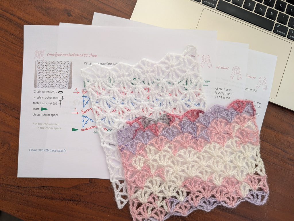 Preview of 3-page printable PDF pattern featuring high-contrast visual crochet chart symbols and written steps.