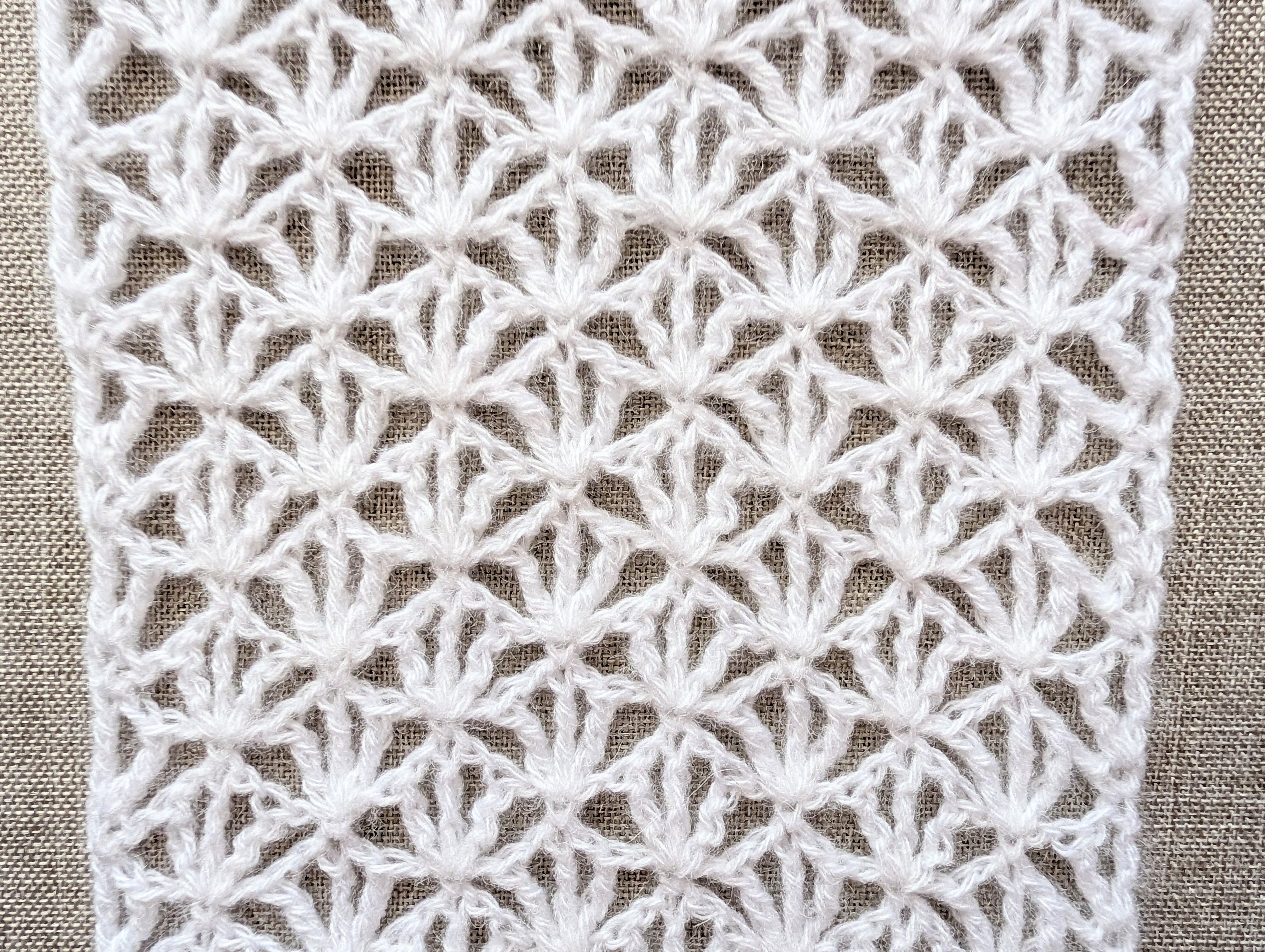 Close-up of Chart 101 openwork lace texture using treble crochet stitches and delicate mesh loops.