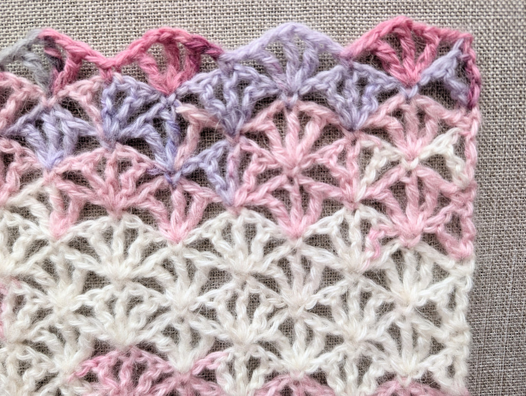 Detailed close-up of Chart 101 openwork lace stitches showing delicate treble crochet mesh fabric.