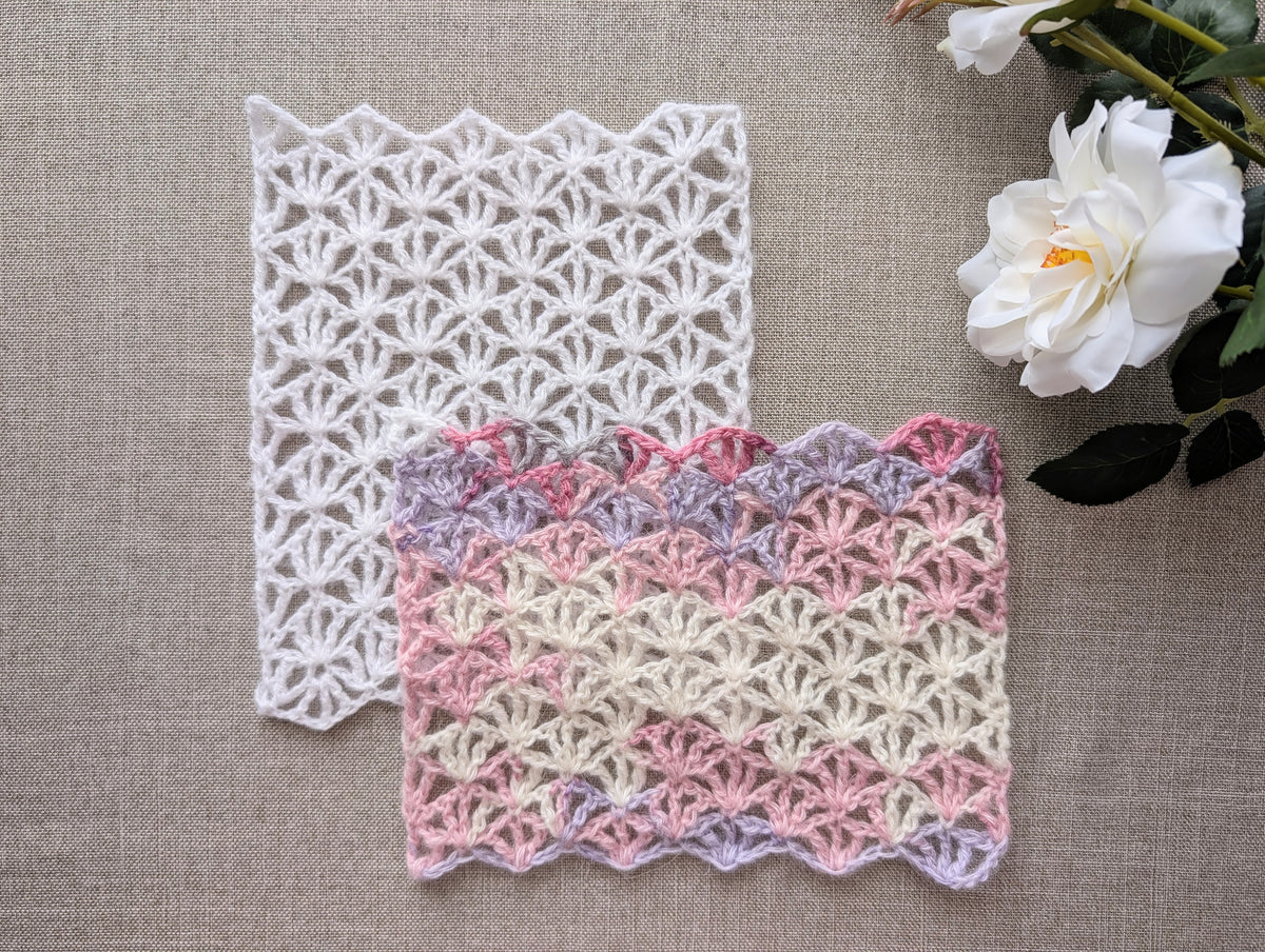 Finished Chart 101 lace rectangle scarf made with a beginner-friendly 1-row repeat crochet pattern.