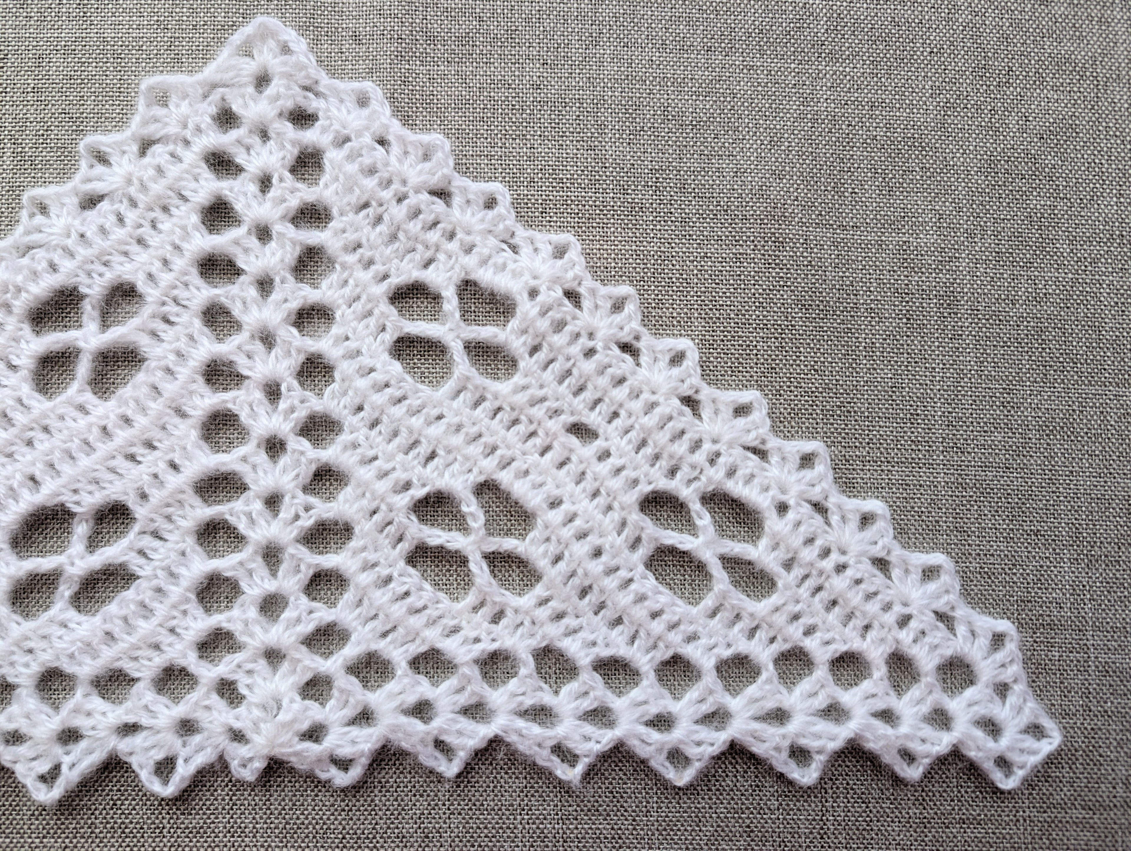 Close-up detail of filet crochet flower pattern showing double crochet stitch placement and decorative scalloped border.