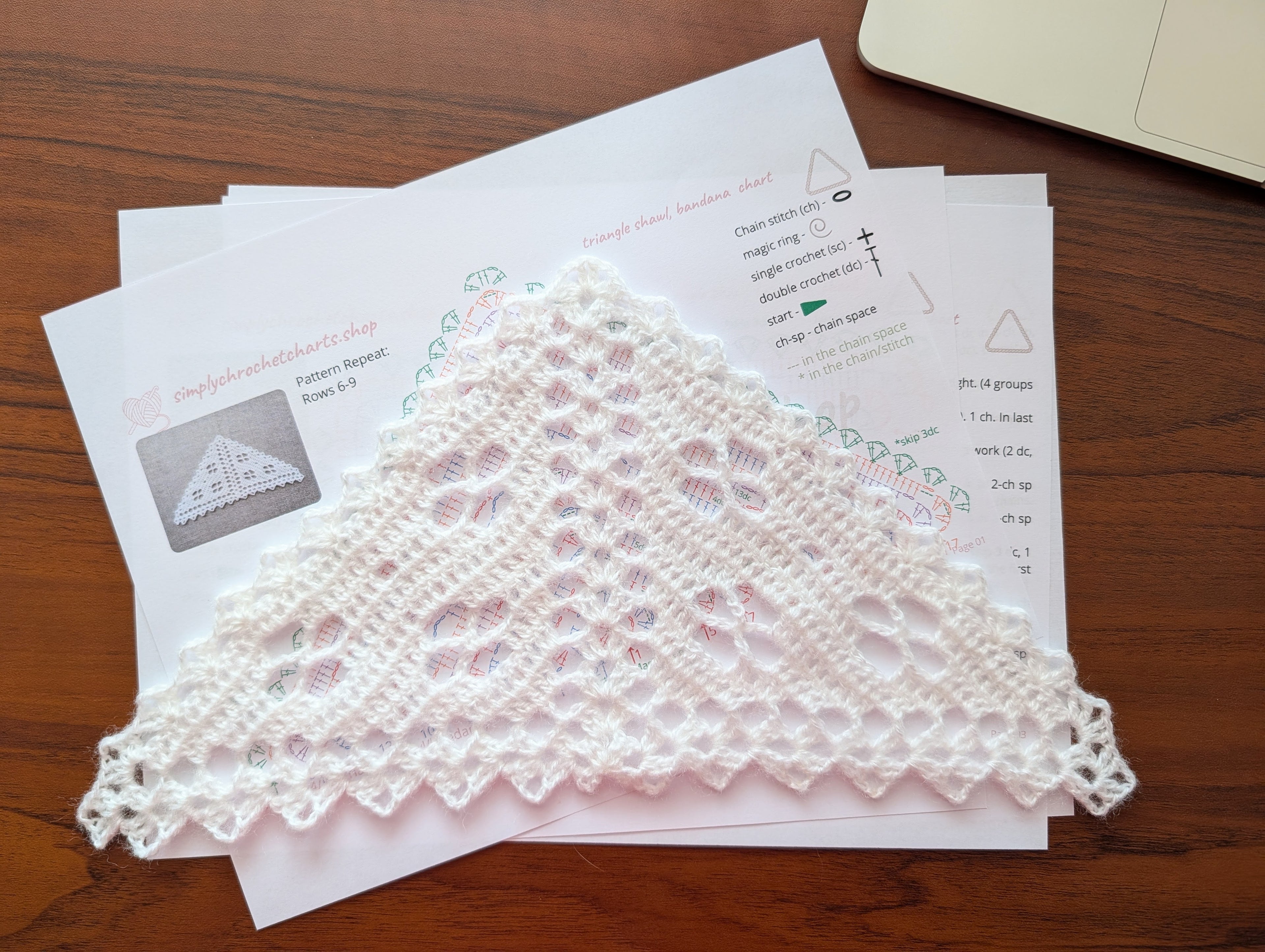 Product graphic displaying 4-page printable PDF crochet pattern details including 4-row repeat, intermediate skill level, and final border instructions.
