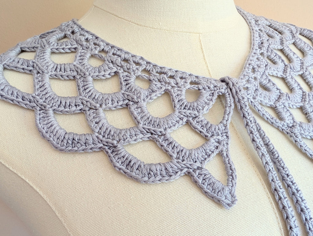 Close-up macro shot of crochet lace stitches, highlighting the intricate shell clusters of the SimplyCrochetCharts.Shop Chart 117 crochet collar pattern.