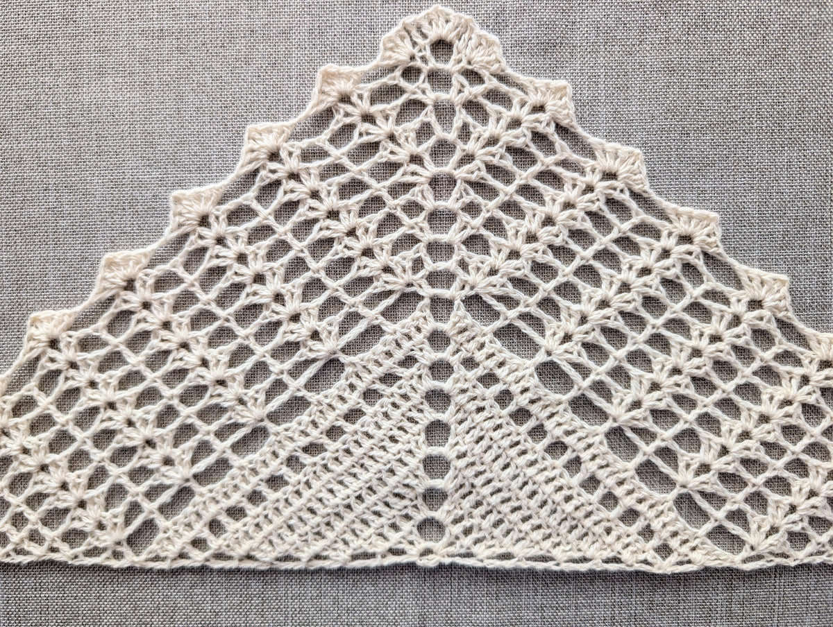 Detailed close-up of textured double crochet shell stitches and solid rows in a handmade crochet triangle shawl.